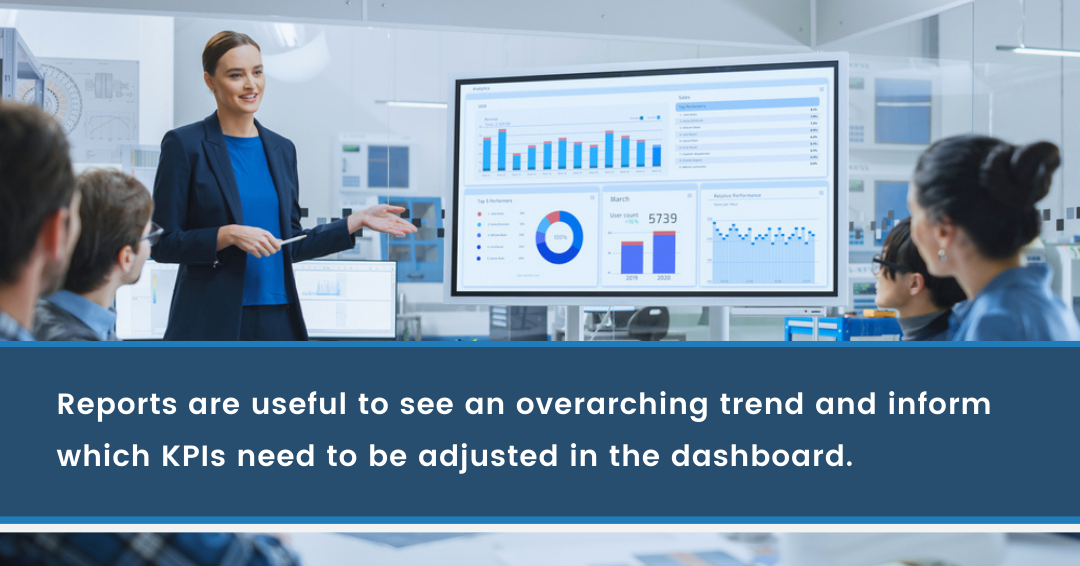 Reports are useful to see overarching trends and inform which KPIs need to be adjusted in the dashboard
