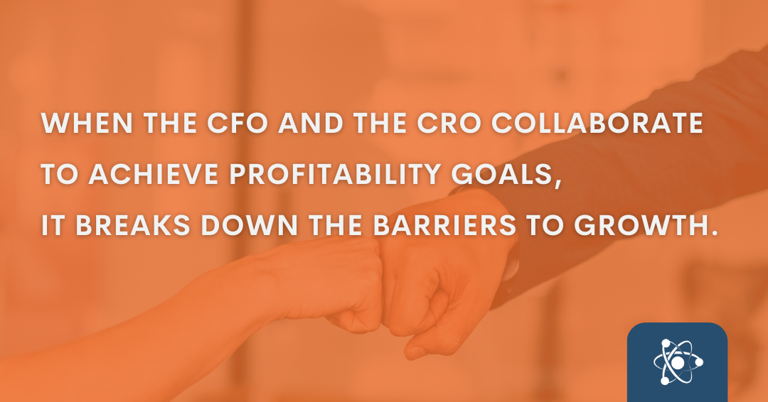 "When the CFO and CRO collaborate to achieve profitability goals, it breaks down the barriers to growth" over an image of business people fist-bumping
